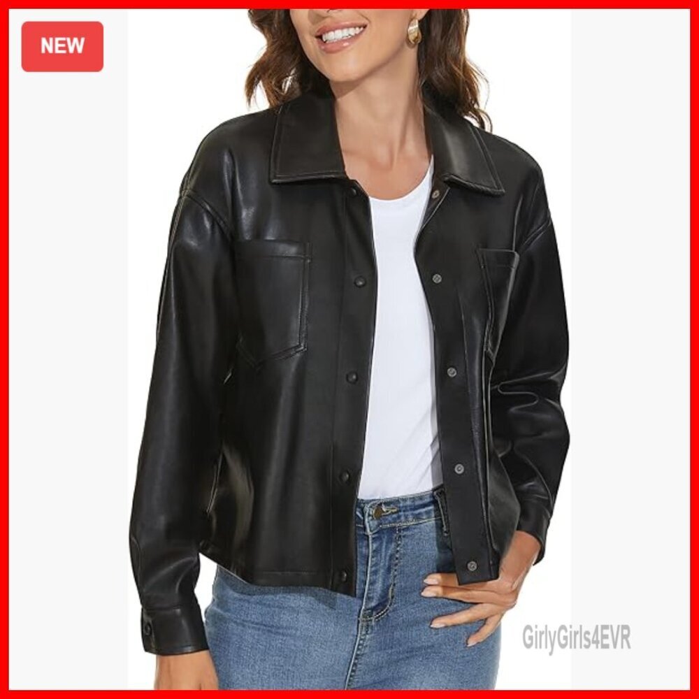 Faux Leather Shacket Moto Biker Blazer Loose Fit Plus Size S-XXL